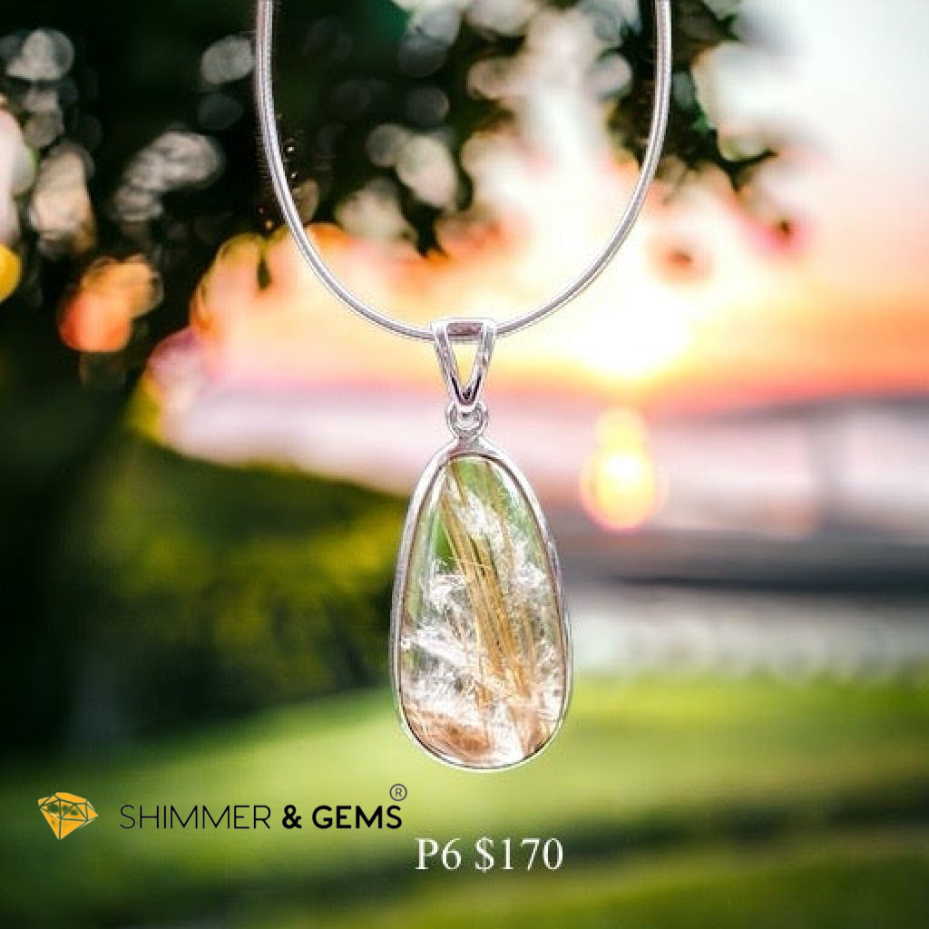 Golden Rutilated Clear Quartz 925 Silver Pendant (AAA Grade)