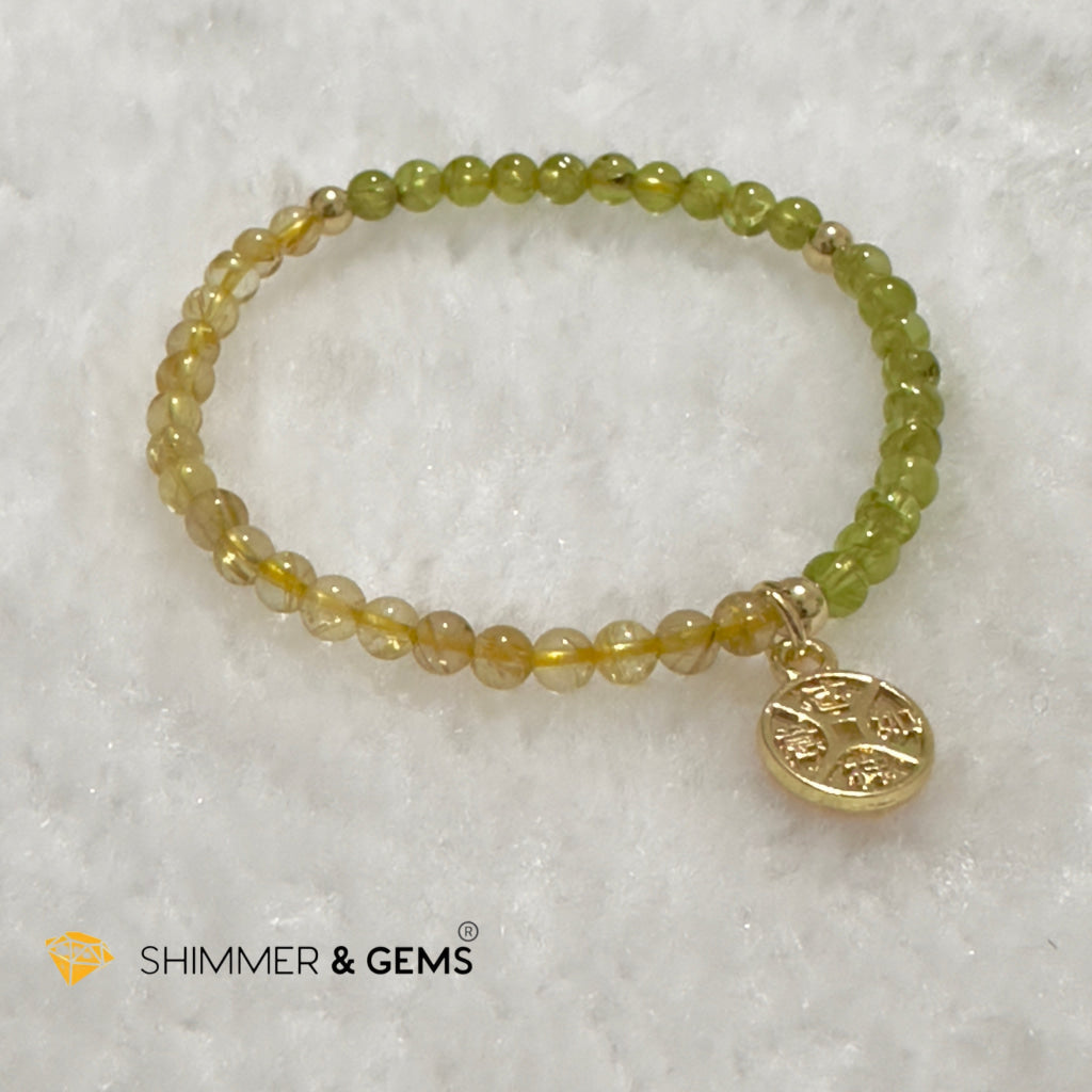 Golden Rutilated & Peridot (4mm) with Lucky Coin Bracelet Plus 14k Gold Filled Beads