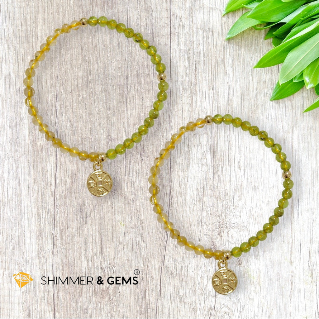 Golden Rutilated & Peridot (4mm) with Lucky Coin Bracelet Plus 14k Gold Filled Beads