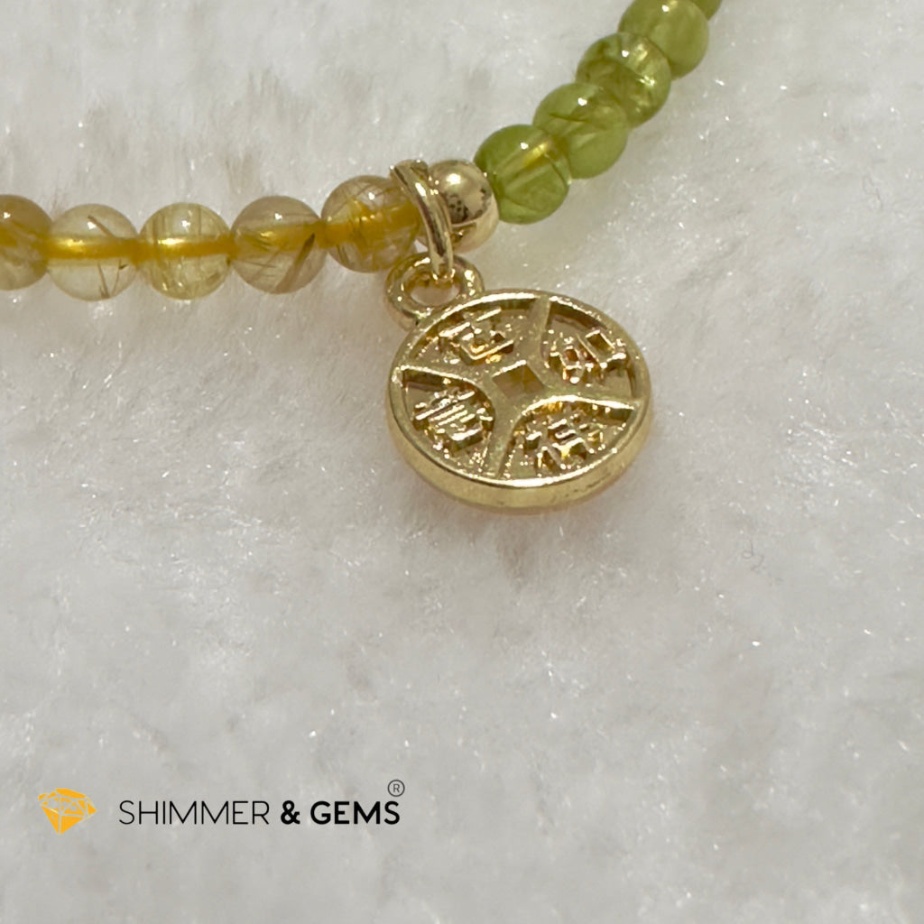 Golden Rutilated & Peridot (4mm) with Lucky Coin Bracelet Plus 14k Gold Filled Beads