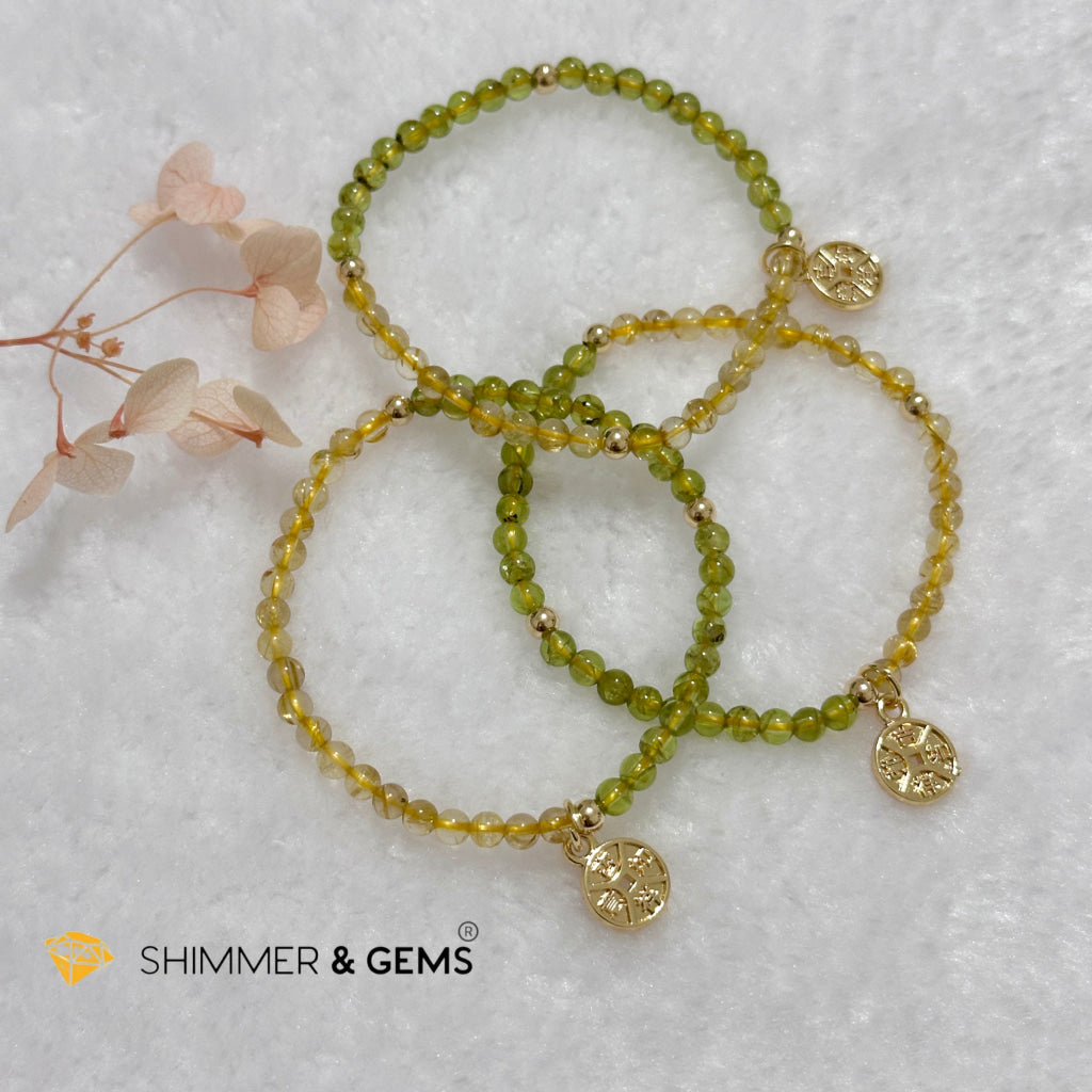 Golden Rutilated & Peridot (4mm) with Lucky Coin Bracelet Plus 14k Gold Filled Beads