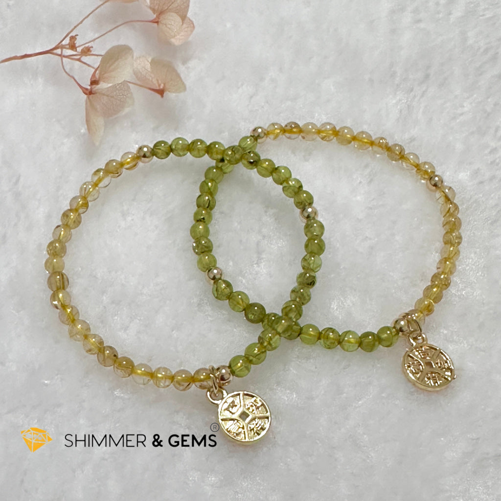 Golden Rutilated & Peridot (4mm) with Lucky Coin Bracelet Plus 14k Gold Filled Beads