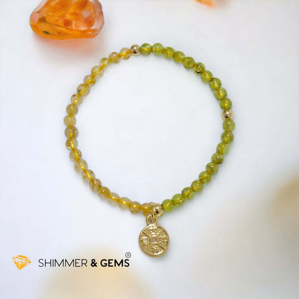 Golden Rutilated & Peridot (4mm) with Lucky Coin Bracelet Plus 14k Gold Filled Beads