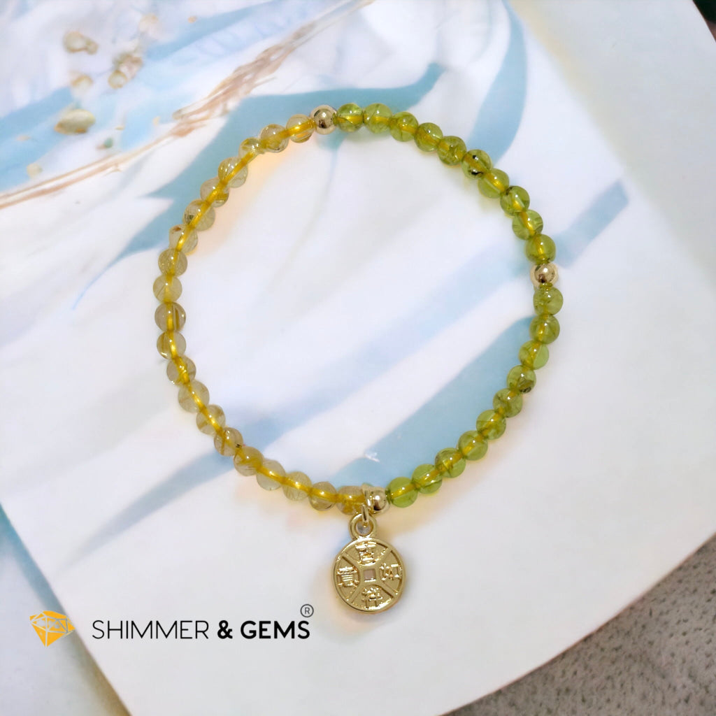 Golden Rutilated & Peridot (4mm) with Lucky Coin Bracelet Plus 14k Gold Filled Beads