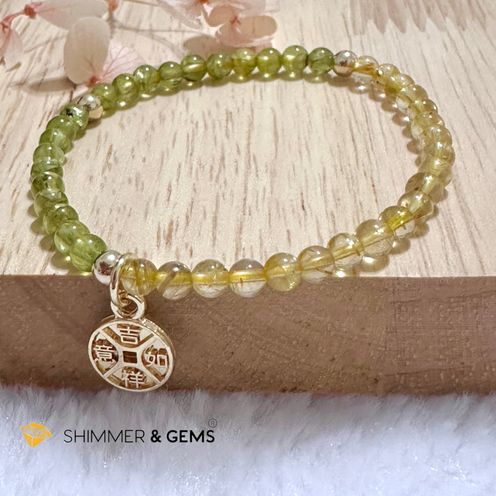 Golden Rutilated & Peridot (4mm) with Lucky Coin Bracelet Plus 14k Gold Filled Beads