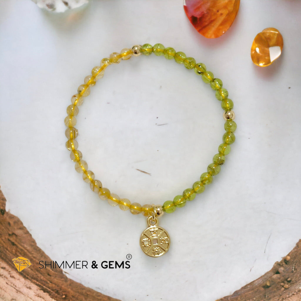 Golden Rutilated & Peridot (4mm) with Lucky Coin Bracelet Plus 14k Gold Filled Beads