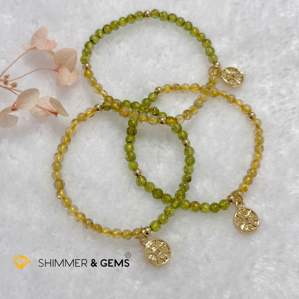 Golden Rutilated & Peridot (4mm) with Lucky Coin Bracelet Plus 14k Gold Filled Beads