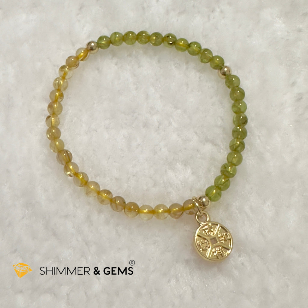 Golden Rutilated & Peridot (4mm) with Lucky Coin Bracelet Plus 14k Gold Filled Beads