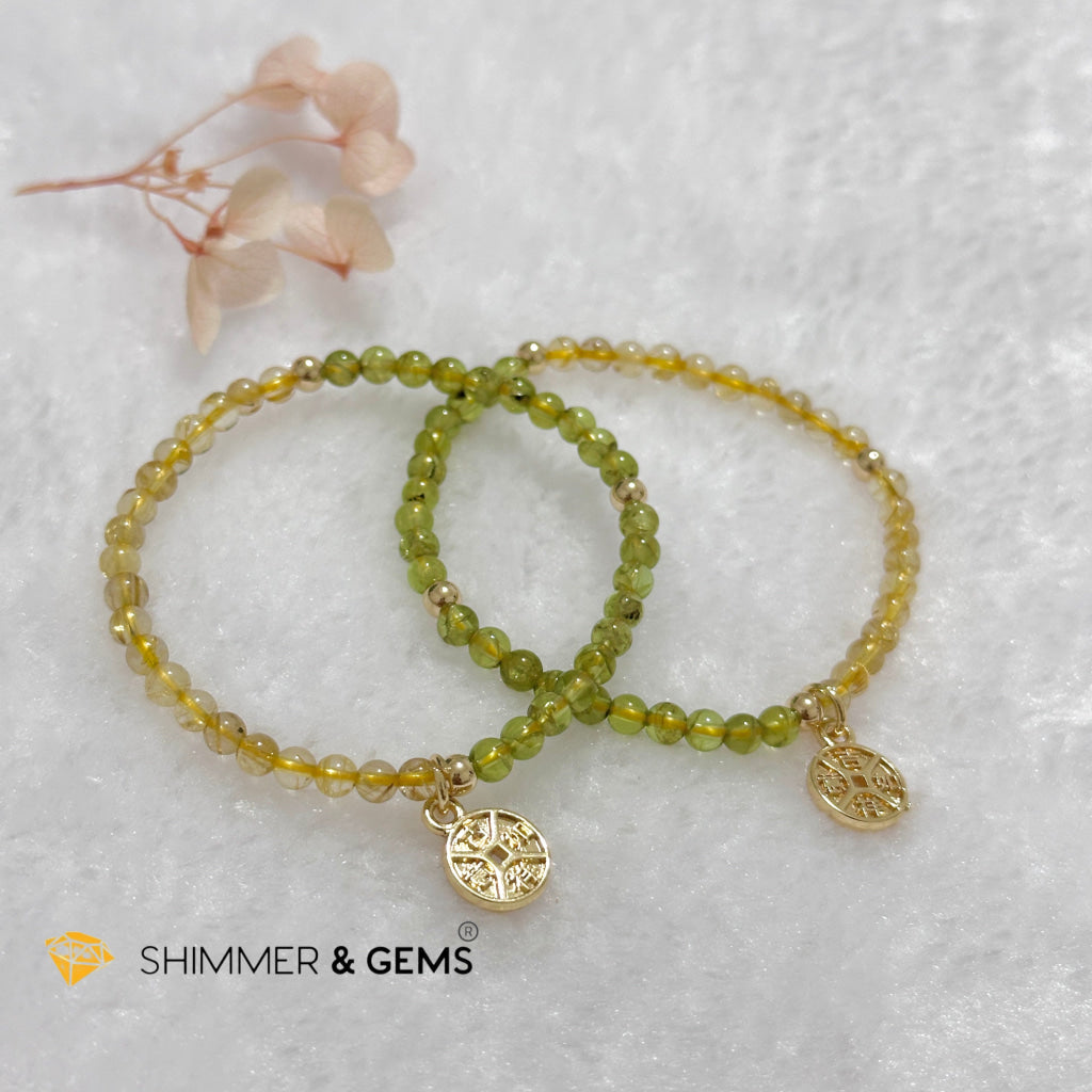 Golden Rutilated & Peridot (4mm) with Lucky Coin Bracelet Plus 14k Gold Filled Beads