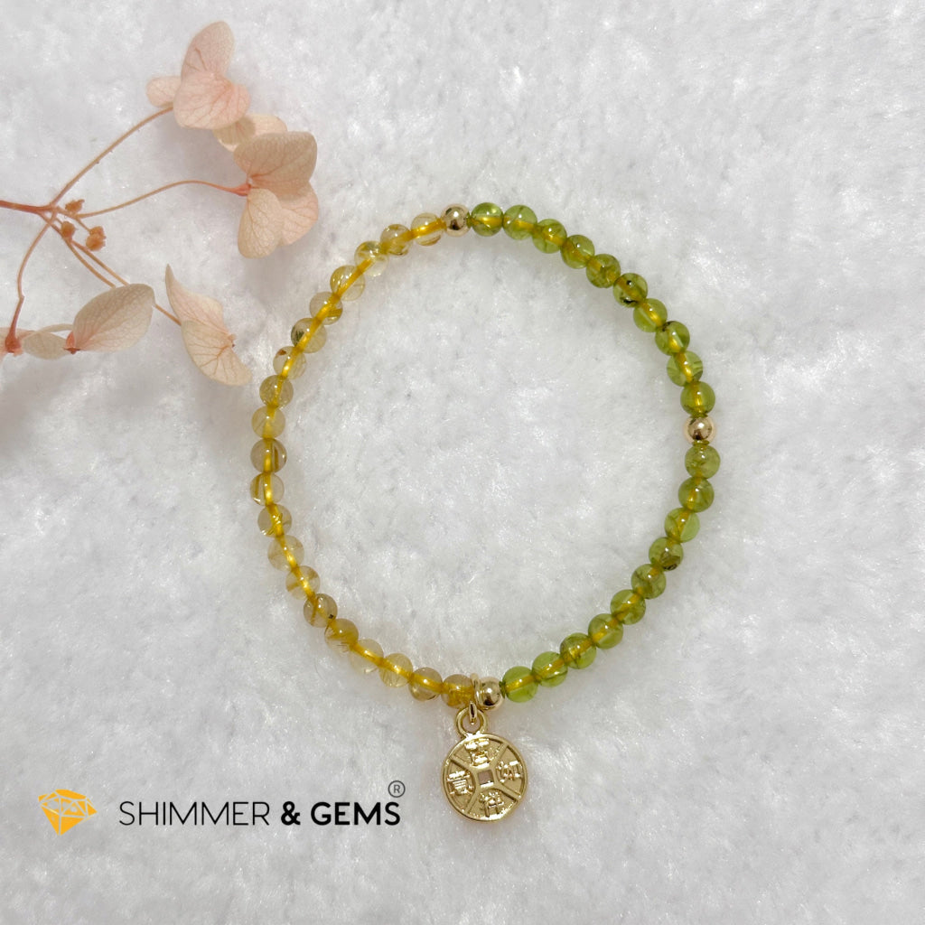 Golden Rutilated & Peridot (4mm) with Lucky Coin Bracelet Plus 14k Gold Filled Beads