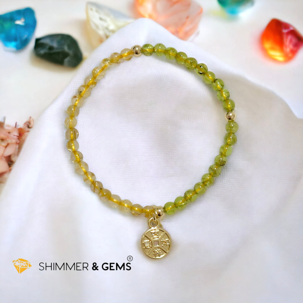 Golden Rutilated & Peridot (4mm) with Lucky Coin Bracelet Plus 14k Gold Filled Beads