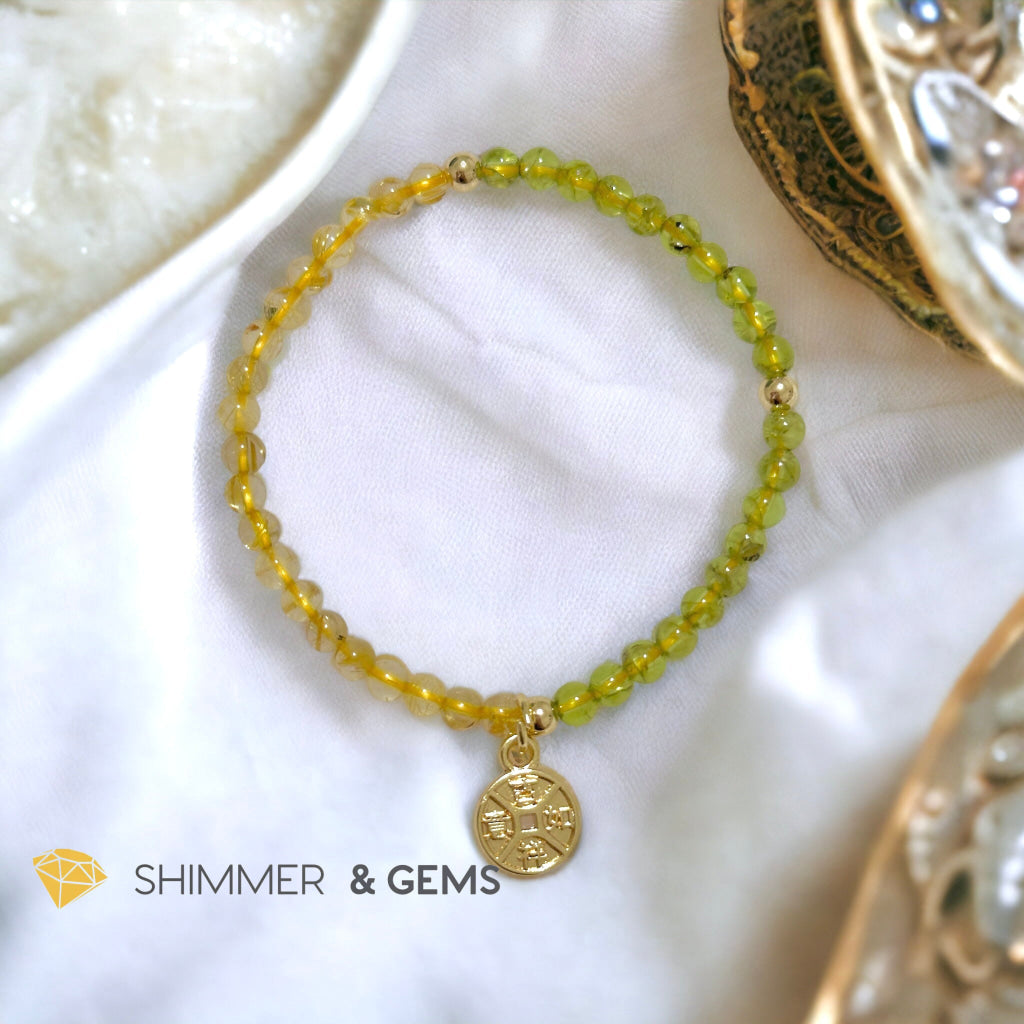 Golden Rutilated & Peridot (4mm) with Lucky Coin Bracelet Plus 14k Gold Filled Beads