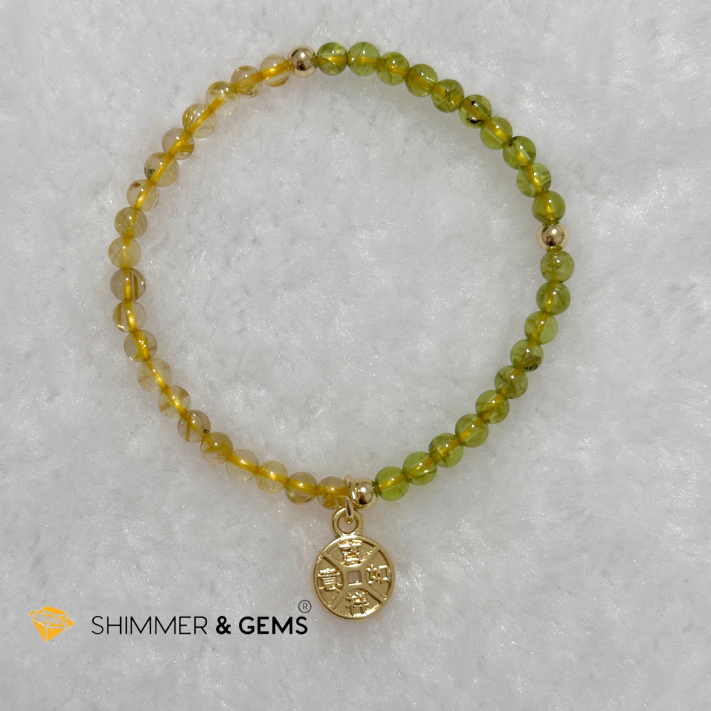 Golden Rutilated & Peridot (4mm) with Lucky Coin Bracelet Plus 14k Gold Filled Beads