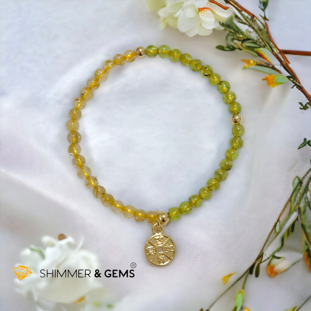 Golden Rutilated & Peridot (4mm) with Lucky Coin Bracelet Plus 14k Gold Filled Beads