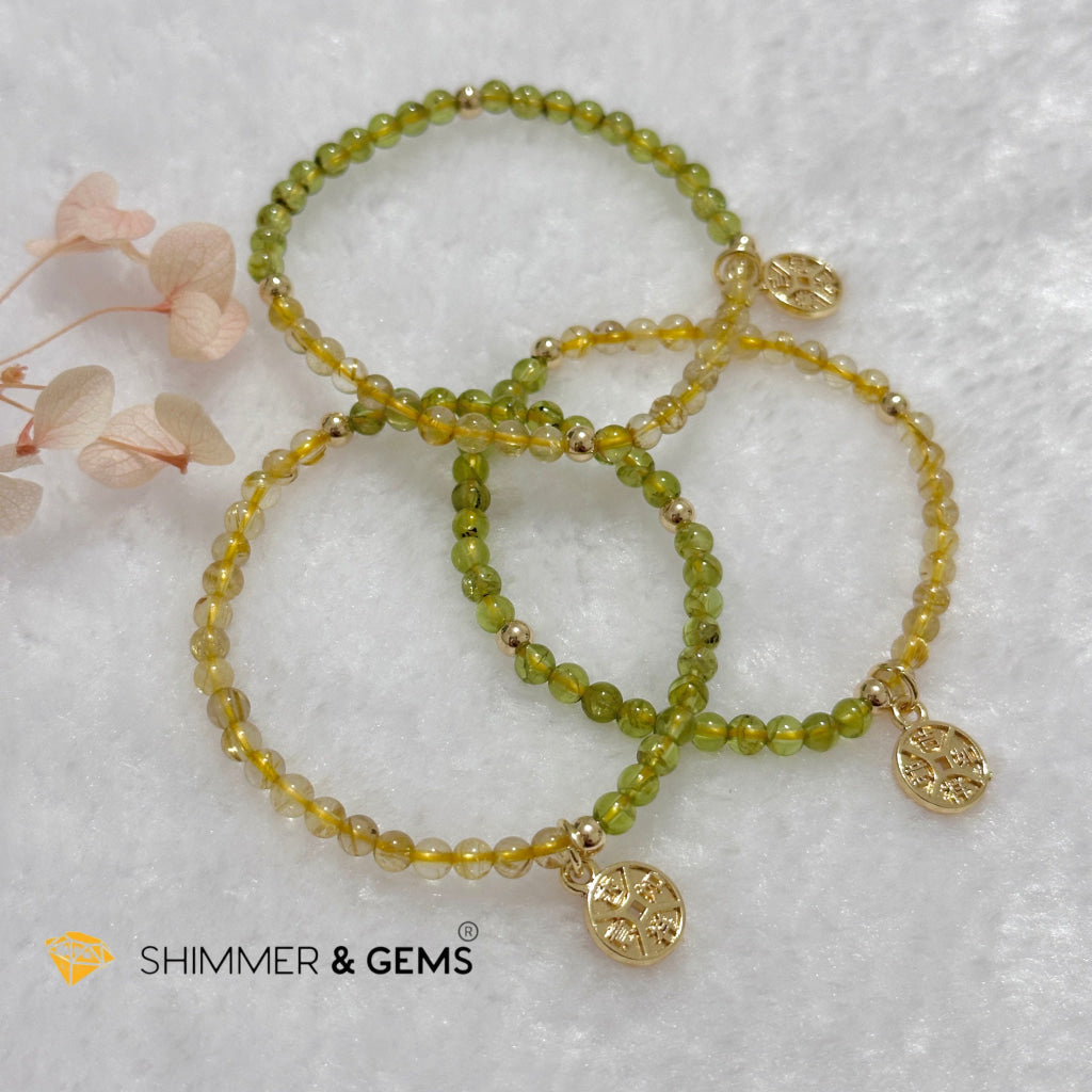 Golden Rutilated & Peridot (4mm) with Lucky Coin Bracelet Plus 14k Gold Filled Beads