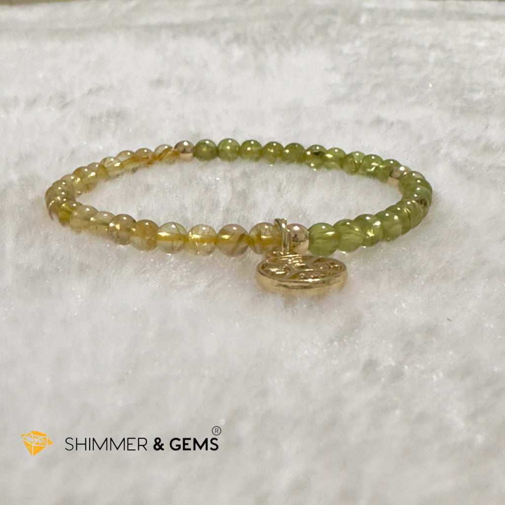 Golden Rutilated & Peridot (4mm) with Lucky Coin Bracelet Plus 14k Gold Filled Beads