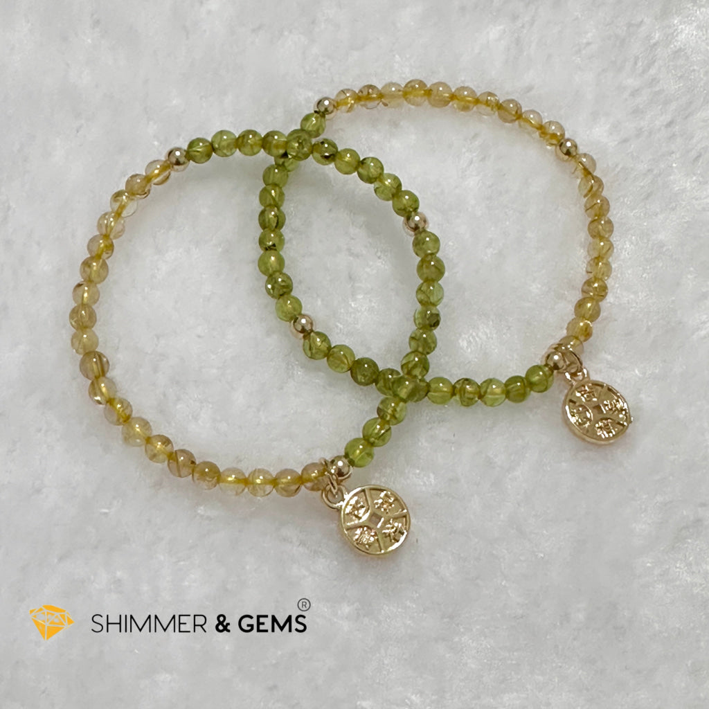 Golden Rutilated & Peridot (4mm) with Lucky Coin Bracelet Plus 14k Gold Filled Beads