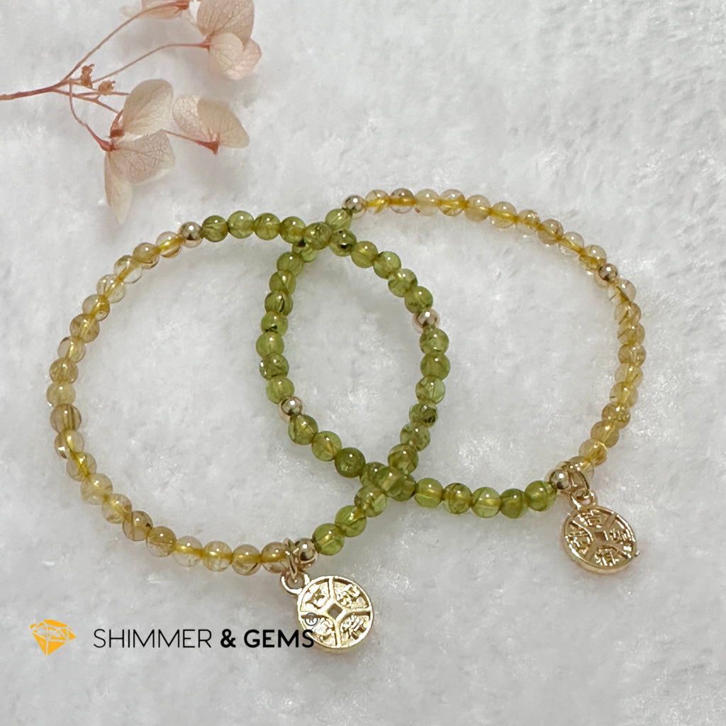 Golden Rutilated & Peridot (4mm) with Lucky Coin Bracelet Plus 14k Gold Filled Beads