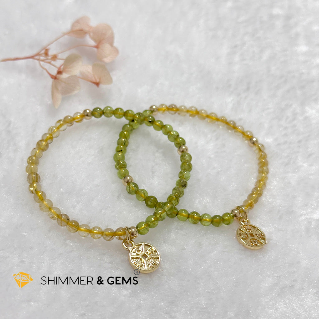 Golden Rutilated & Peridot (4mm) with Lucky Coin Bracelet Plus 14k Gold Filled Beads