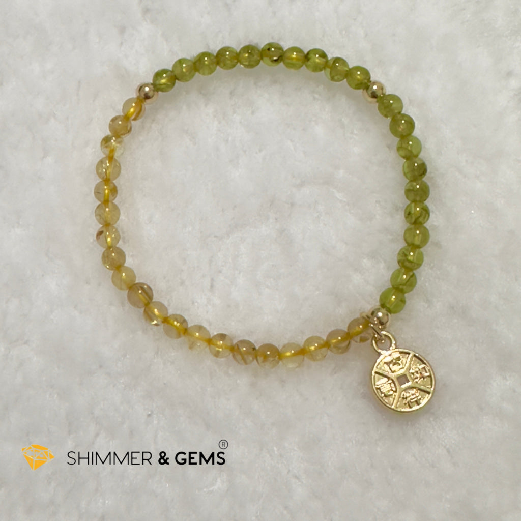 Golden Rutilated & Peridot (4mm) with Lucky Coin Bracelet Plus 14k Gold Filled Beads