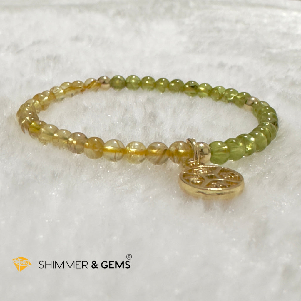 Golden Rutilated & Peridot (4mm) with Lucky Coin Bracelet Plus 14k Gold Filled Beads