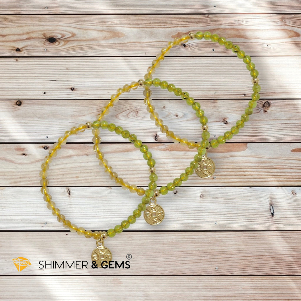 Golden Rutilated & Peridot (4mm) with Lucky Coin Bracelet Plus 14k Gold Filled Beads