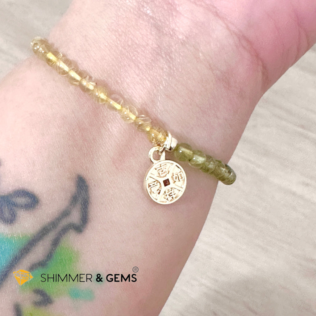 Golden Rutilated & Peridot (4mm) with Lucky Coin Bracelet Plus 14k Gold Filled Beads