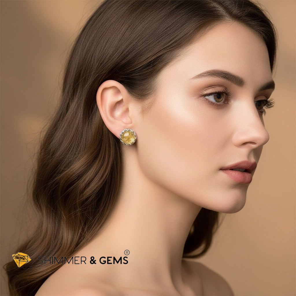 Golden Rutilated Quartz Round 8mm 925 Silver Earrings