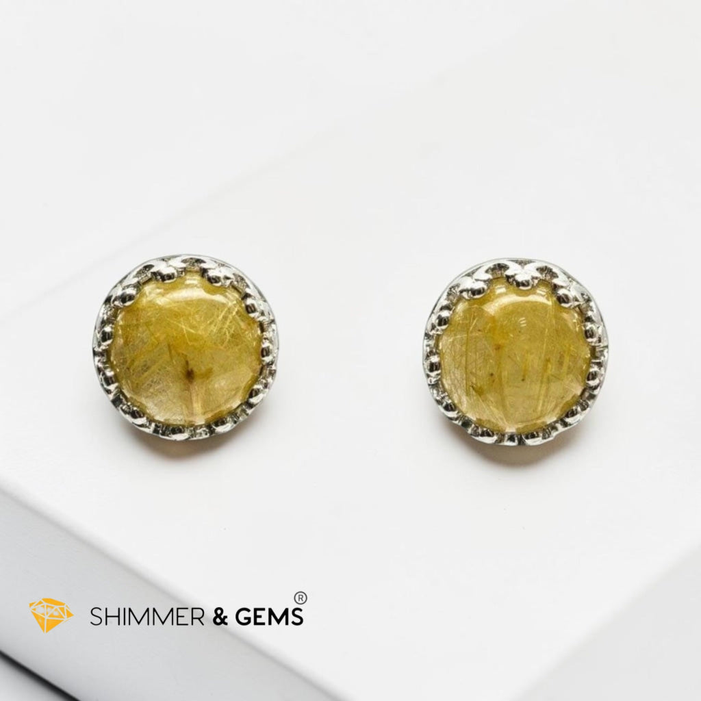 Golden Rutilated Quartz Round 8mm 925 Silver Earrings