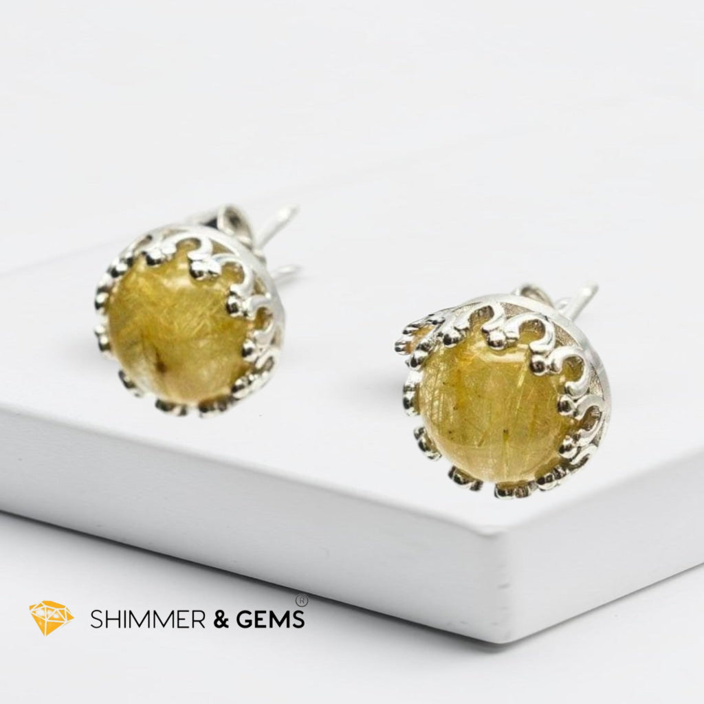 Golden Rutilated Quartz Round 8mm 925 Silver Earrings