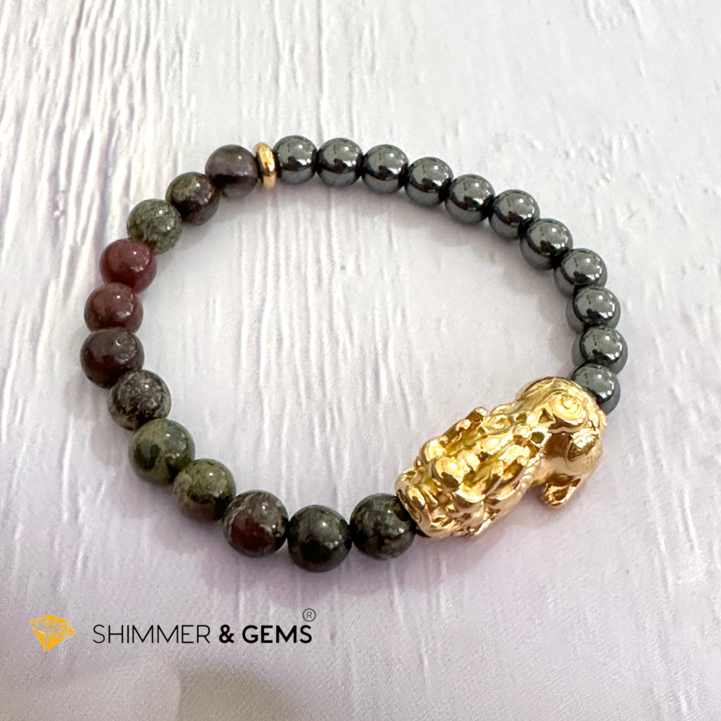 Good Health Pixiu Bracelet (Stainless Steel) Hematite & Bloodstone