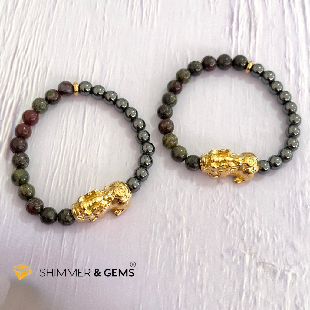 Good Health Pixiu Bracelet (Stainless Steel) Hematite & Bloodstone