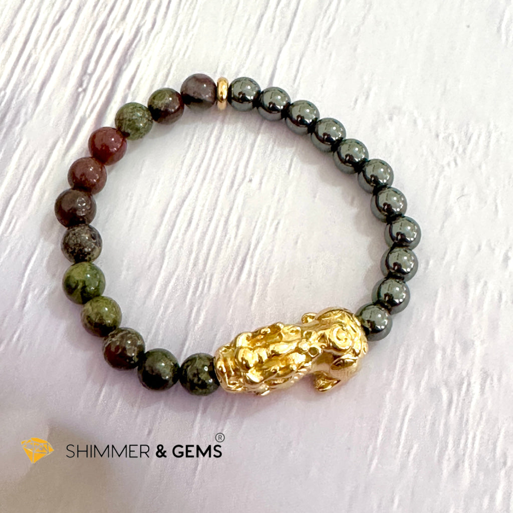 Good Health Pixiu Bracelet (Stainless Steel) Hematite & Bloodstone