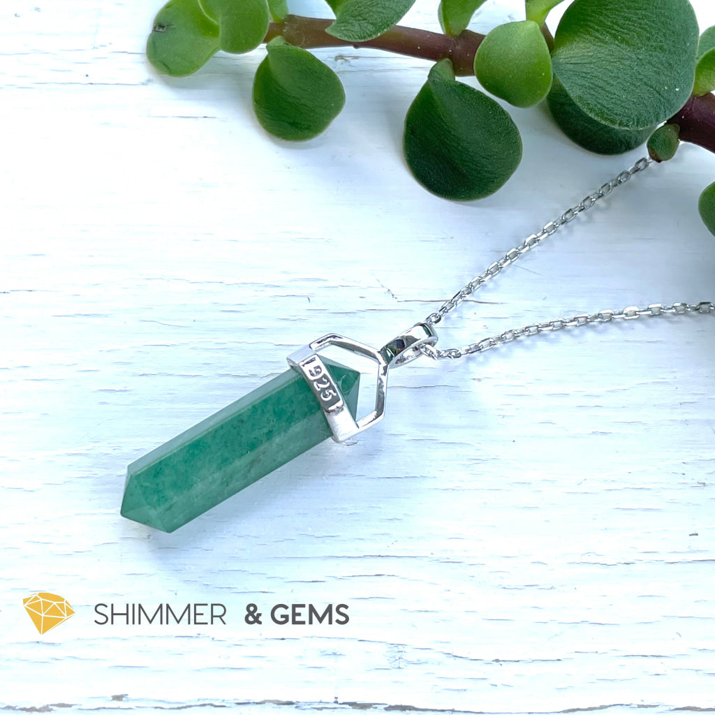 Green Aventurine Double Pointer Pendant 925 Silver (For Luck) 22Mm With Necklace Charms & Pendants