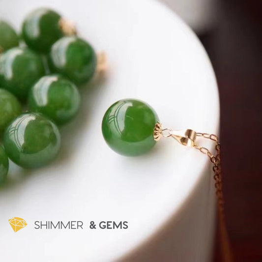 Green Jade Ball 18K Gold Pendant + 925 Silver Chain Charms & Pendants
