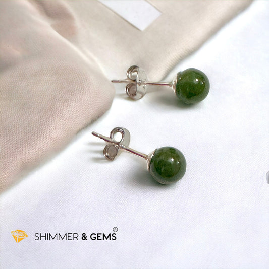 Green Jade Ball Earrings 925 Silver (6mm) Russian Nephrite