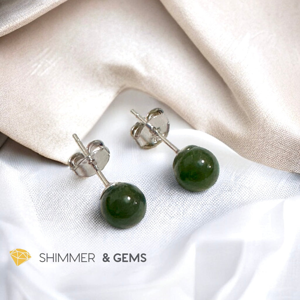 Green Jade Ball Earrings 925 Silver (6mm) Russian Nephrite