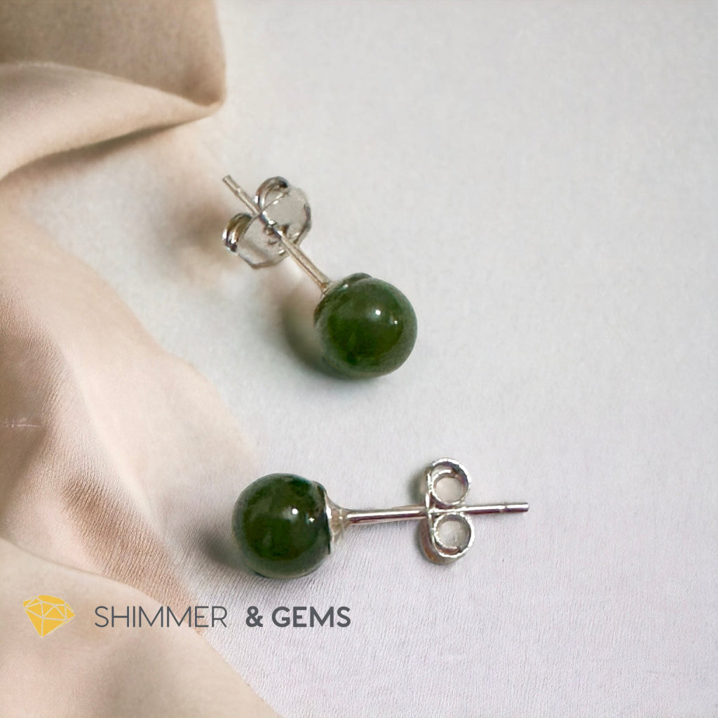 Green Jade Ball Earrings 925 Silver (6mm) Russian Nephrite