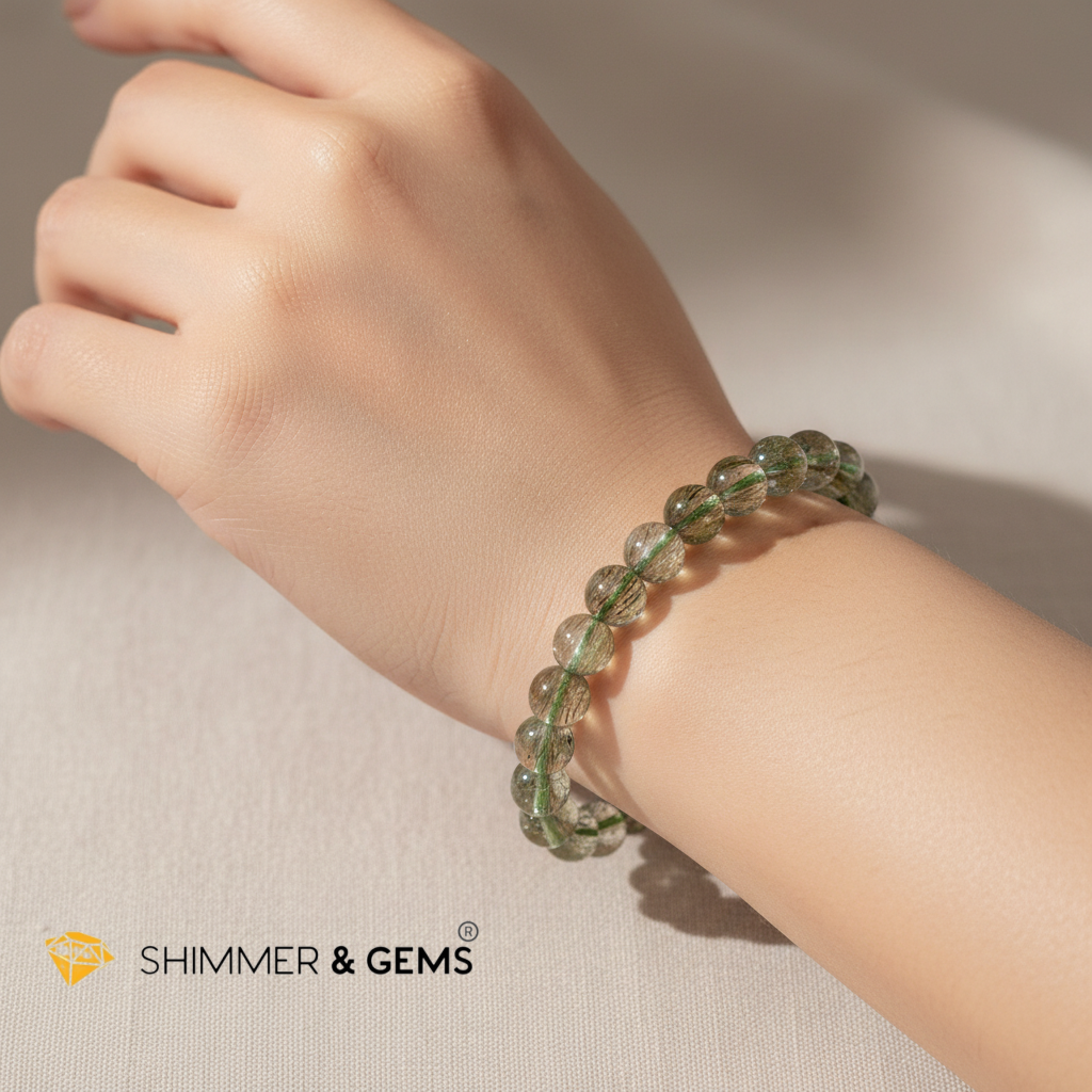Green Tourmaline Rutilated Bracelet (Very Rare)8-9mm