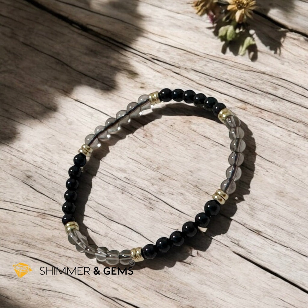 Grounding & Protection Bracelet with 4mm Black Tourmaline & Smoky Quartz with Stainless Steel Rondelle Beads