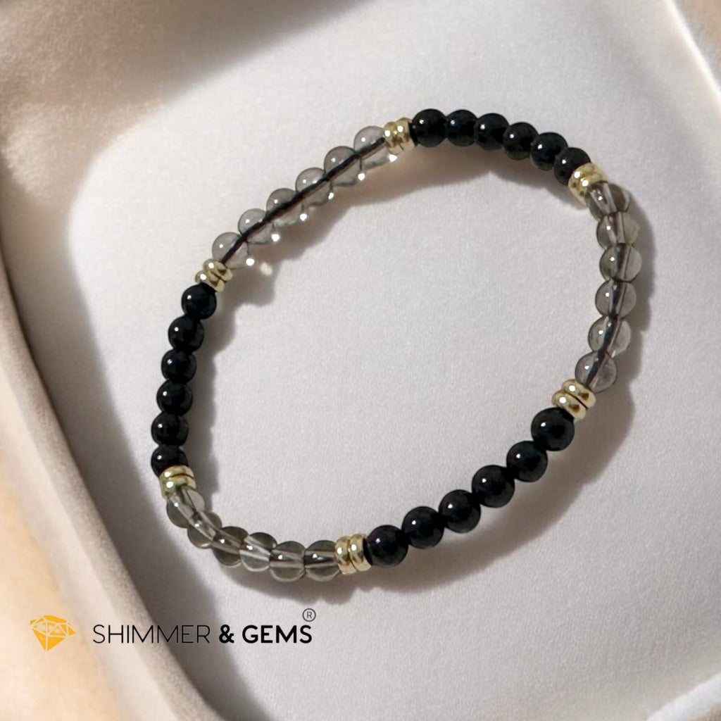 Grounding & Protection Bracelet with 4mm Black Tourmaline & Smoky Quartz with Stainless Steel Rondelle Beads
