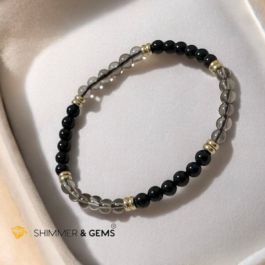 Grounding & Protection Bracelet with 4mm Black Tourmaline & Smoky Quartz with Stainless Steel Rondelle Beads