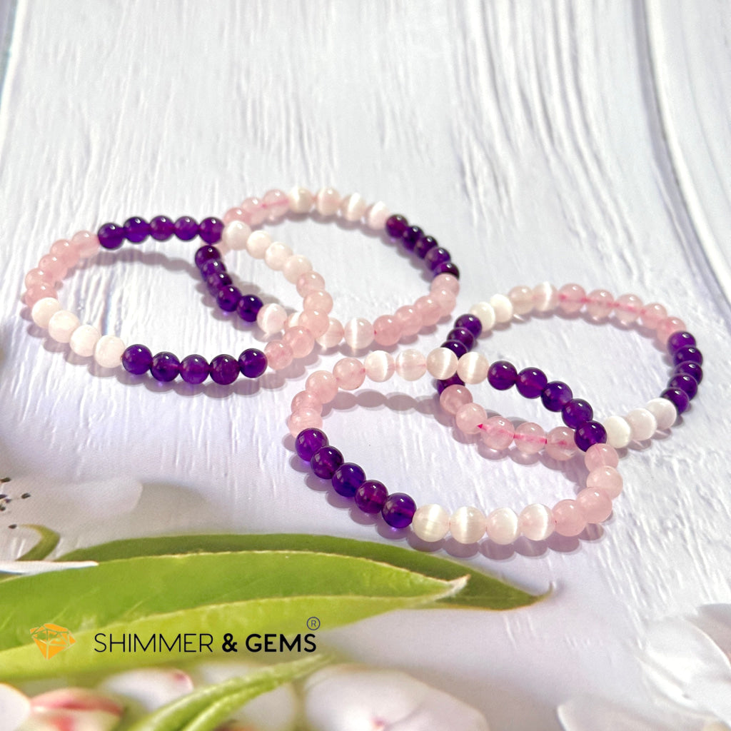 Happiness & Love 6Mm Bracelet (Rose Quartz Selenite Amethyst)