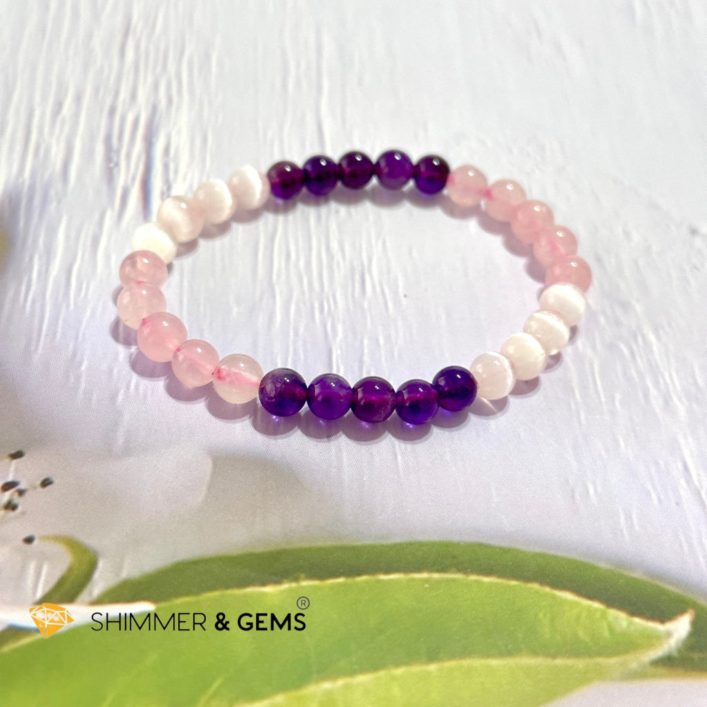 Happiness & Love 6Mm Bracelet (Rose Quartz Selenite Amethyst)