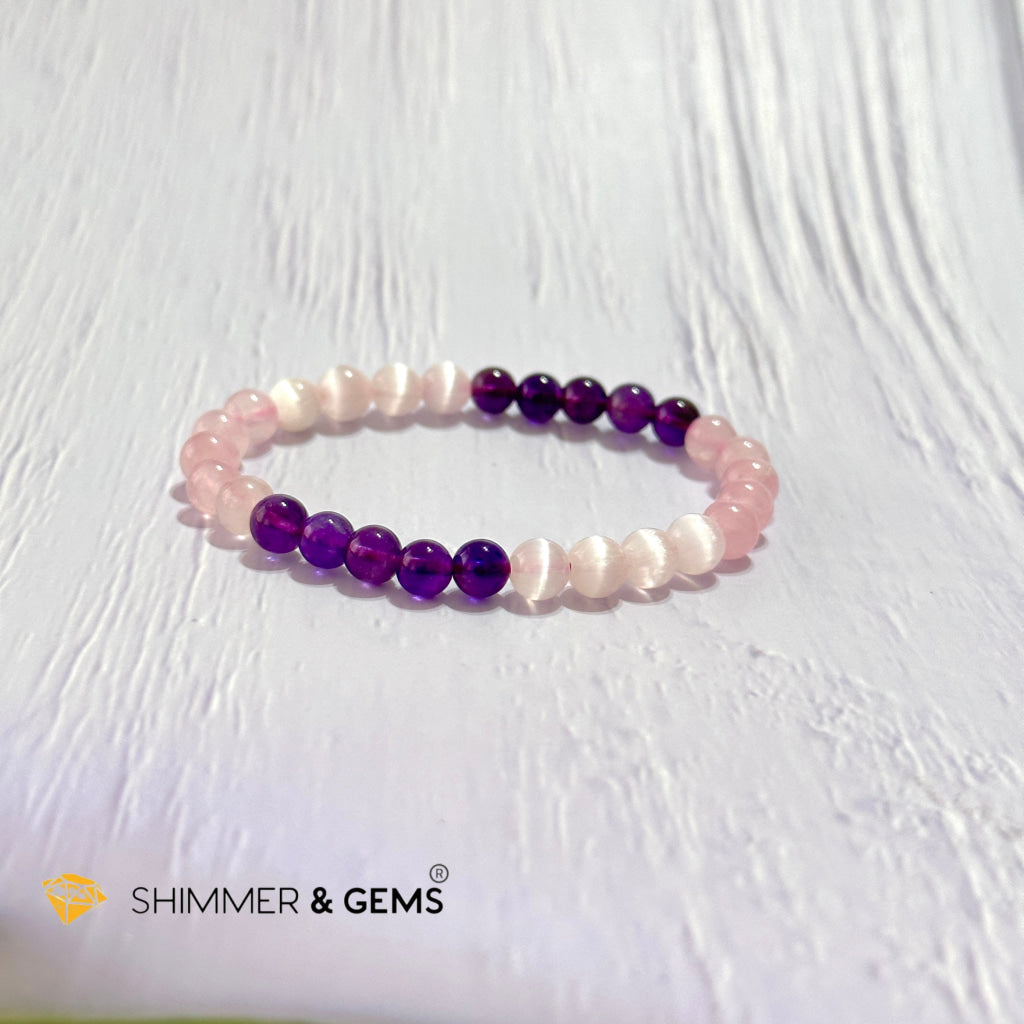 Happiness & Love 6Mm Bracelet (Rose Quartz Selenite Amethyst)