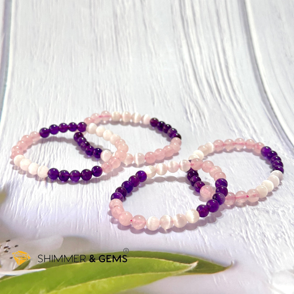 Happiness & Love 6Mm Bracelet (Rose Quartz Selenite Amethyst)