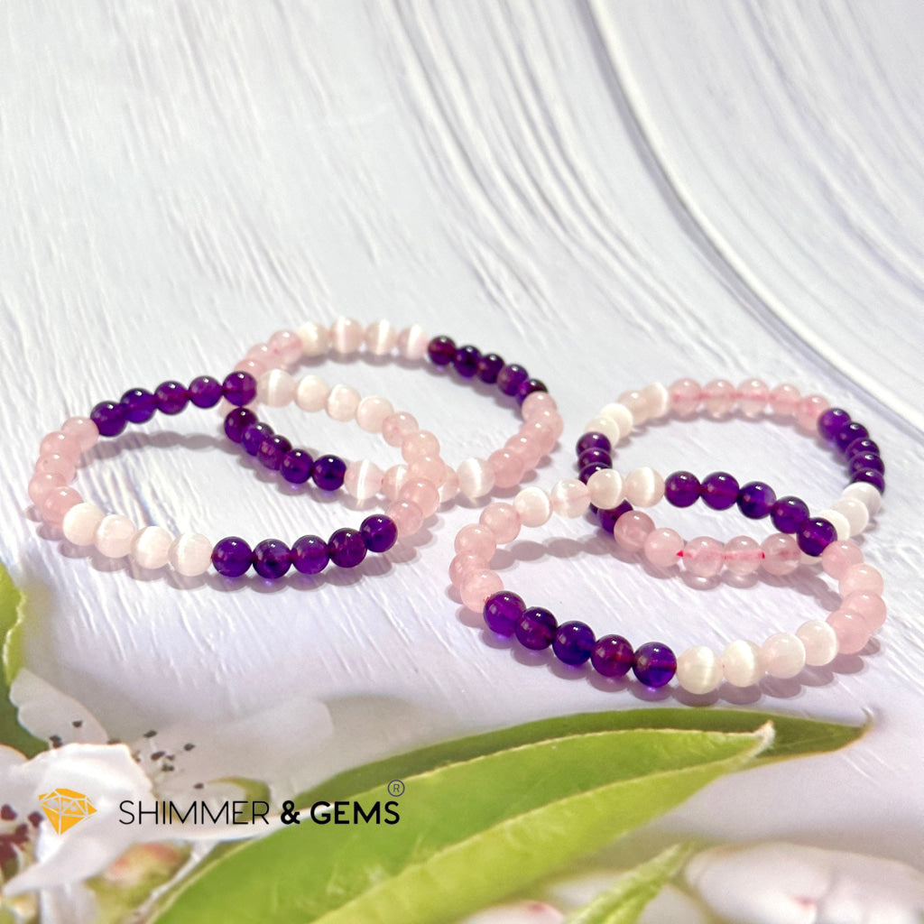 Happiness & Love 6Mm Bracelet (Rose Quartz Selenite Amethyst)