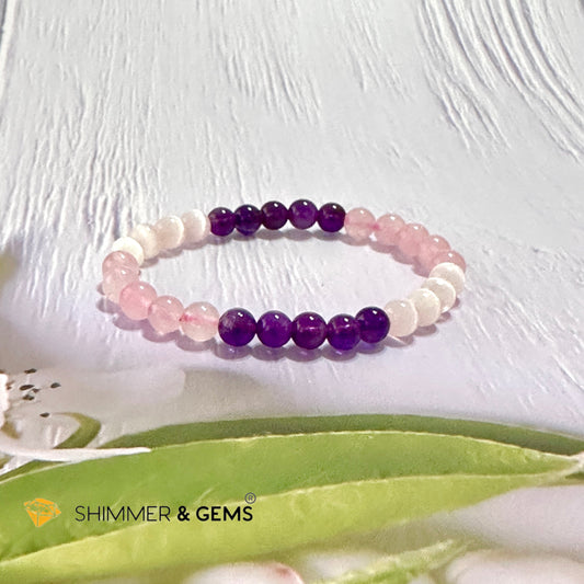 Happiness & Love 6Mm Bracelet (Rose Quartz Selenite Amethyst) 5.5