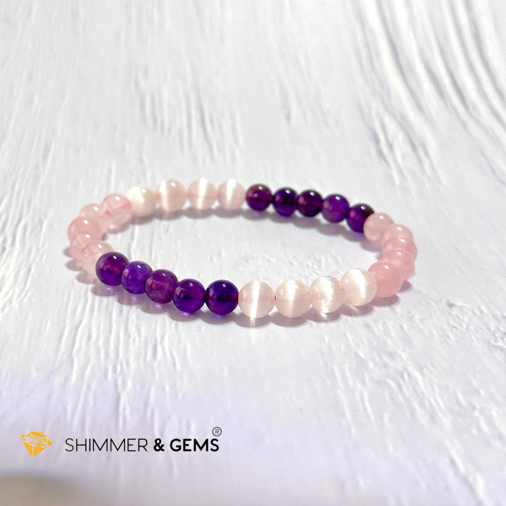 Happiness & Love 6Mm Bracelet (Rose Quartz Selenite Amethyst)