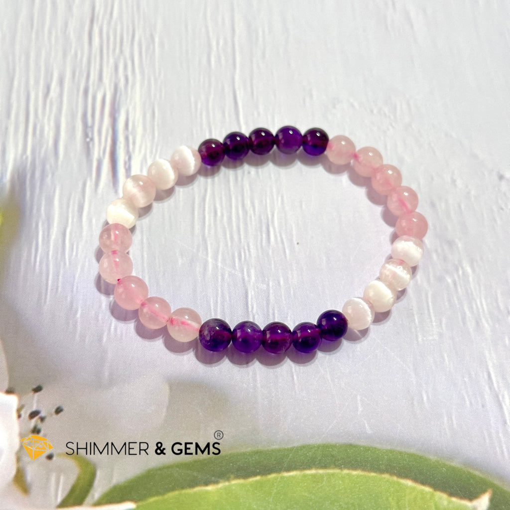 Happiness & Love 6Mm Bracelet (Rose Quartz Selenite Amethyst)